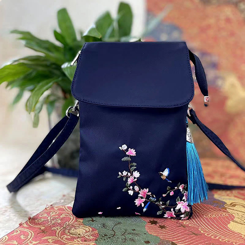 Buddha Stones防水ハンドメイド刺繍蓮の花クロスボディバッグショルダーバッグ携帯電話バッグ