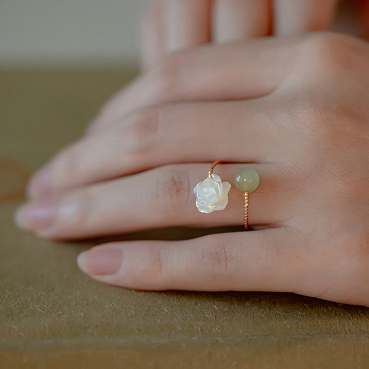 Buddha Stones14K ゴールドメッキ シャコガイ石 ローズフラワー 翡翠ビーズ 祝福リング