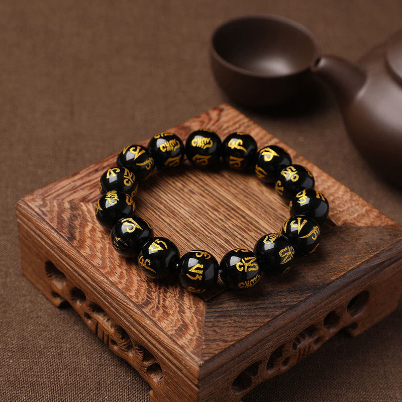Buddha Stonesチベット ホワイトクリスタル ブラックオニキスオーム・マニ・パドメ・フム瞑想ブレスレット