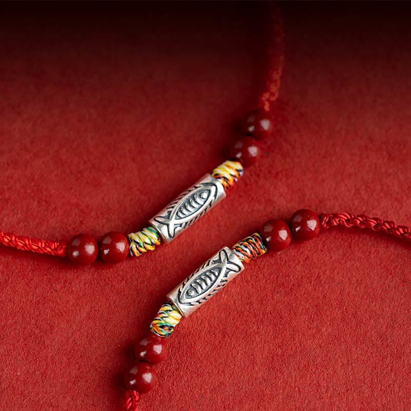 Buddha Stones 925スターリングシルバー 鯉 辰砂 ビーズ 富 手作り 編み込み ブレスレット アンクレット