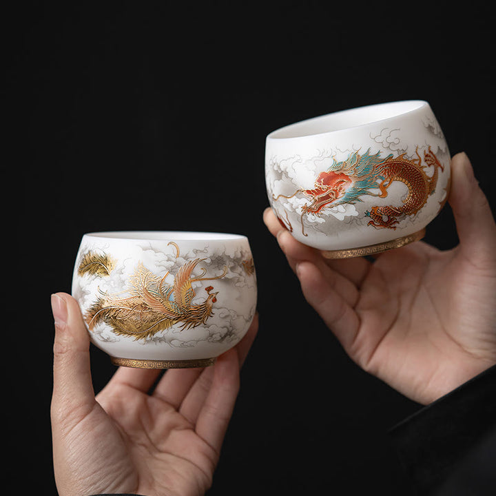 Buddha Stones、鳳凰、龍、蓮、鹿、古代建築、鯉、陶器のティーカップ、カンフーティーカップ