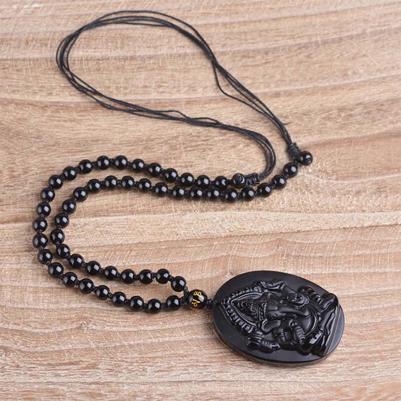 Buddha Stonesチベット黒曜石 ガネーシャ ガンパティ象 富のお守りネックレス