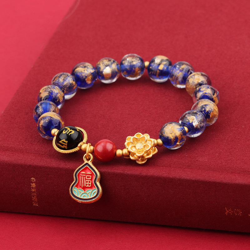 チベットのBuddha Stones、オーム・マニ・パドメ・フムフムフーのキャラクターひょうたんチャーム、蓮華座のガラスビーズ、幸運ブレスレット
