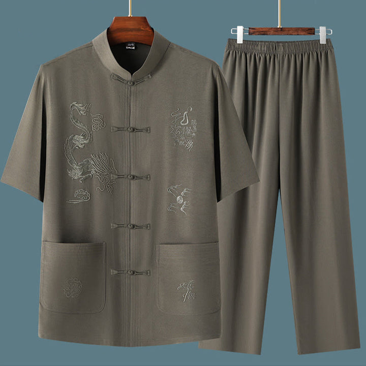Buddha Stones唐装漢服中国龍伝統カンフーユニフォーム半袖トップスとパンツ衣類メンズセット - image 3