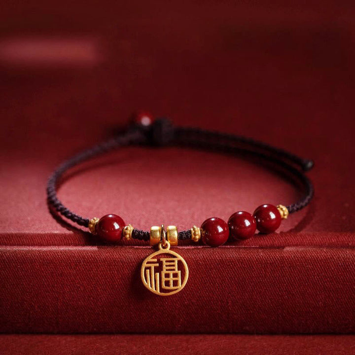 Buddha Stones辰砂ビーズ福文字チャーム祝福編み紐ブレスレット