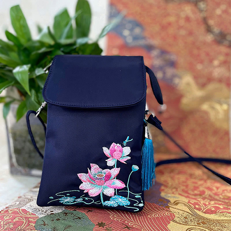 Buddha Stones防水ハンドメイド刺繍蓮の花クロスボディバッグショルダーバッグ携帯電話バッグ