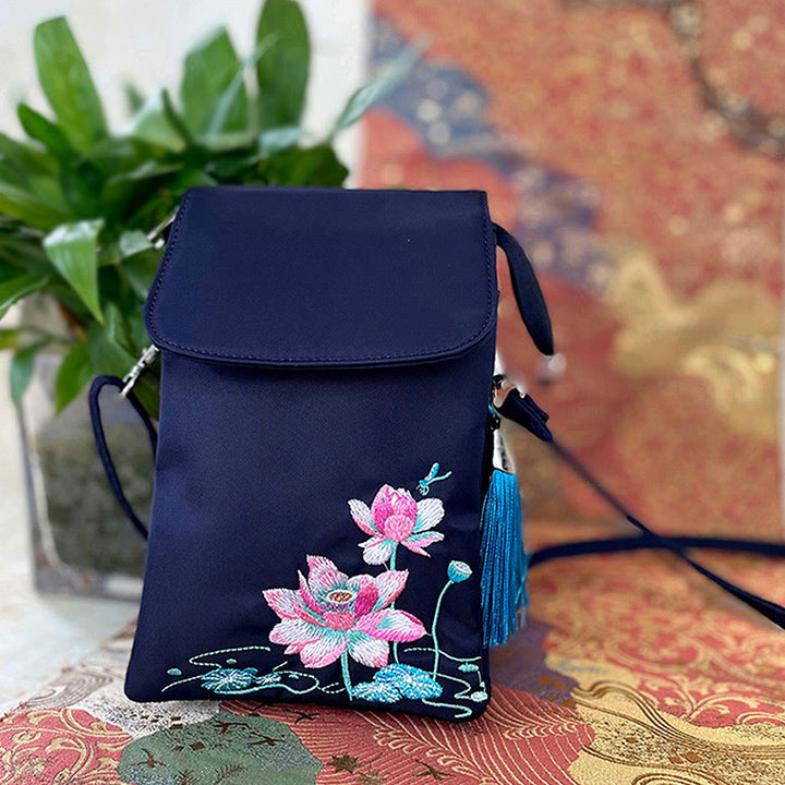 Buddha Stones防水ハンドメイド刺繍蓮の花クロスボディバッグショルダーバッグ携帯電話バッグ