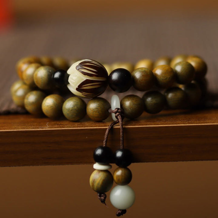 Buddha Stonesグリーンサンダルウッド 菩提樹の種子 蓮 癒しのダブルラップブレスレット