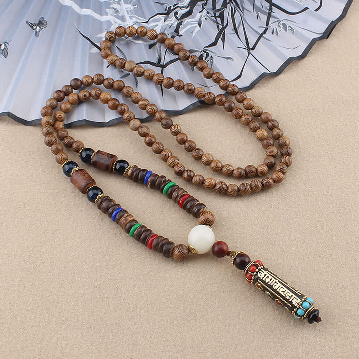 Buddha Stonesチベットオーム・マニ・パドメ・フムビーズウェンジウッドネックレスペンダント - オーム・マニ・パドメ・フムウッド ビーズ チェーン - image 1