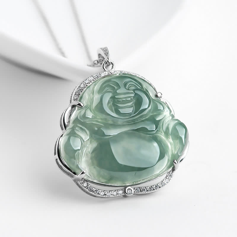 Buddha Stones925スターリングシルバー 笑う仏陀 天然翡翠 幸運のネックレスチェーンペンダント - ジェイド - image 1