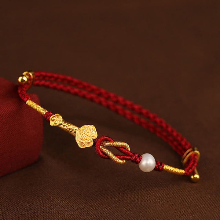 Buddha Stones24K ゴールド ウィッシュ 如意 ハンドル 福 キャラクター ウサギ パール 幸運 編み込み ブレスレット