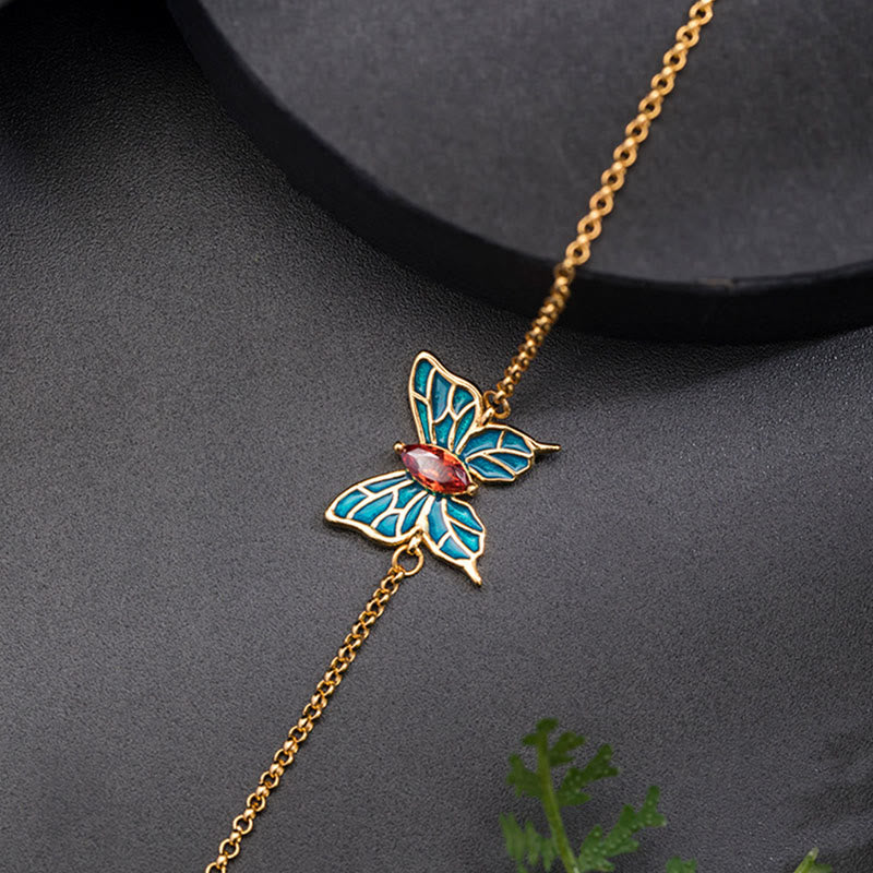 Buddha Stones925スターリングシルバー バタフライジルコン ラブチェーンブレスレット