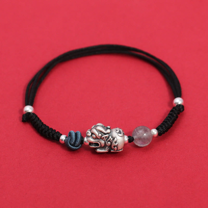 Buddha Stones 999スターリングシルバー PiXiu ストロベリークォーツビーズ 富と幸運の編み込みブレスレット