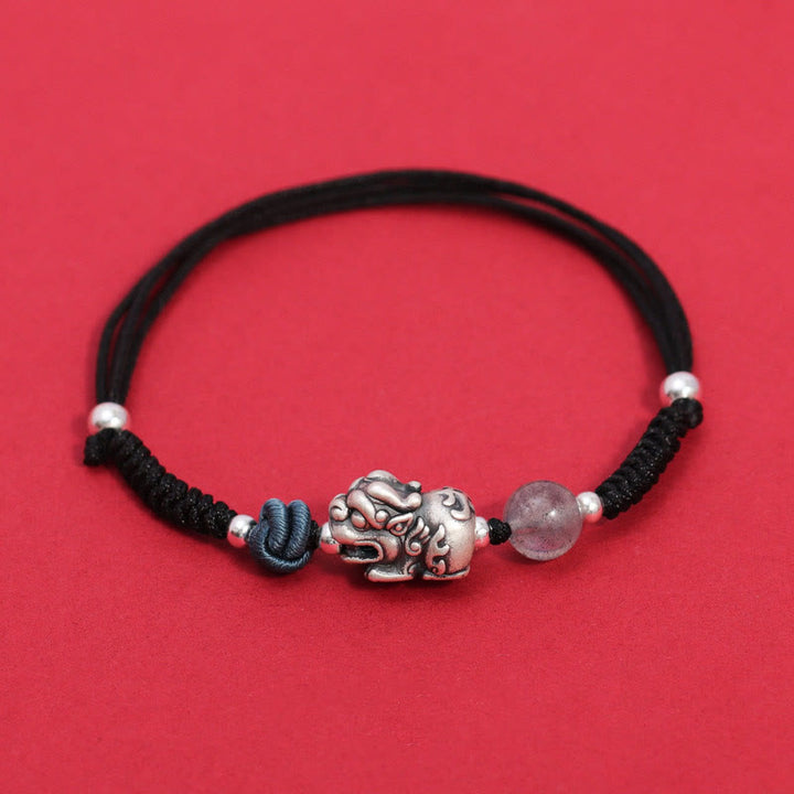 Buddha Stones 999スターリングシルバー PiXiu ストロベリークォーツビーズ 富と幸運の編み込みブレスレット