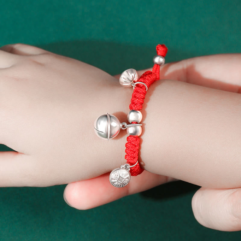 Buddha Stones925 スターリングシルバー ハンドメイド フーキャラクター 幸運のお金袋 中国ロックチャーム ベル ロータス 銅貨 キングコングノット編み 子供用ブレスレット