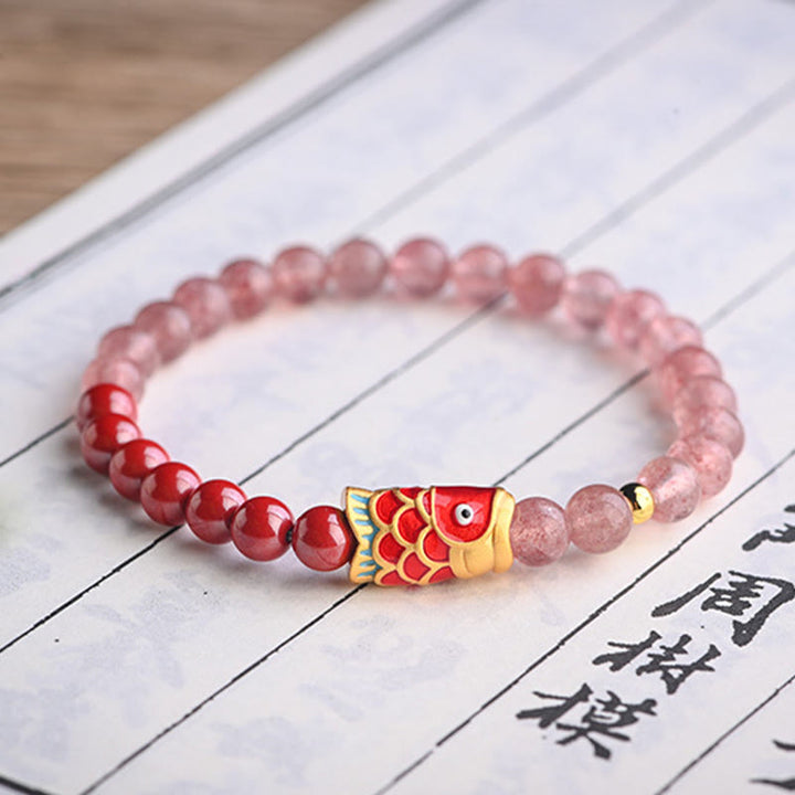 Buddha Stones天然ストロベリークォーツ 辰砂 幸運の鯉 ヒーリングブレスレット