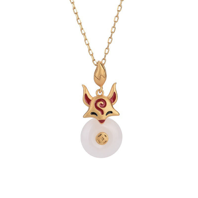 Buddha Stones白翡翠 キツネ 銅貨 守護 幸運 ネックレス ペンダント