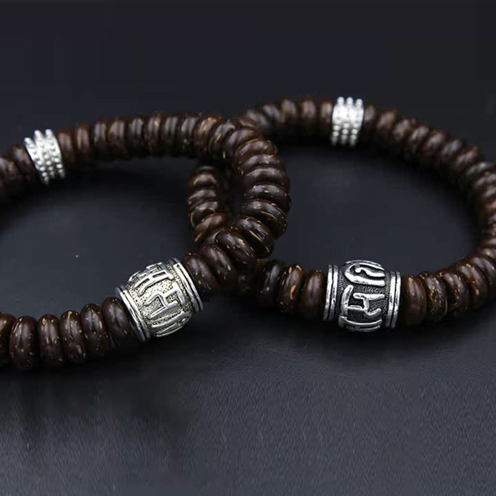 Buddha Stones天然チベットココナッツシェルオーム・マニ・パドメ・フム幸運を呼ぶブレスレット