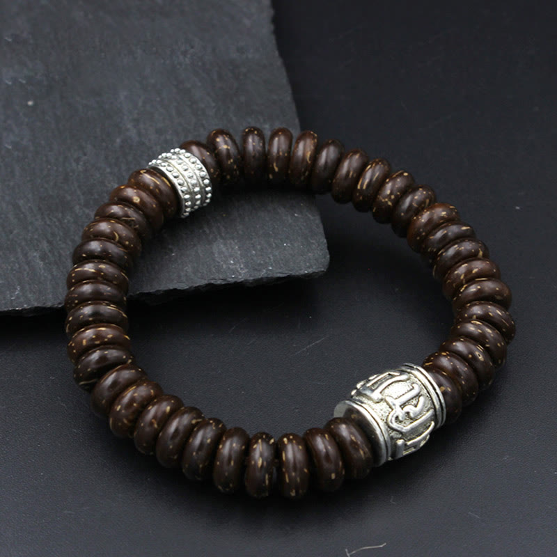 Buddha Stones天然チベットココナッツシェルオーム・マニ・パドメ・フム幸運を呼ぶブレスレット