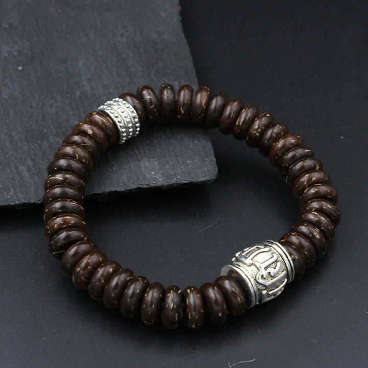 Buddha Stones天然チベットココナッツシェルオーム・マニ・パドメ・フム幸運を呼ぶブレスレット