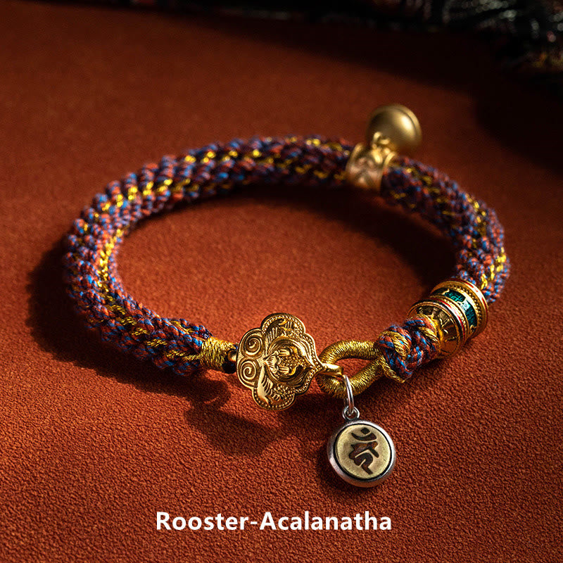 Buddha Stones925 スターリングシルバー十二支誕生仏オーム・マニ・パドメ・フム幸運の鐘 編み込みストリングブレスレット