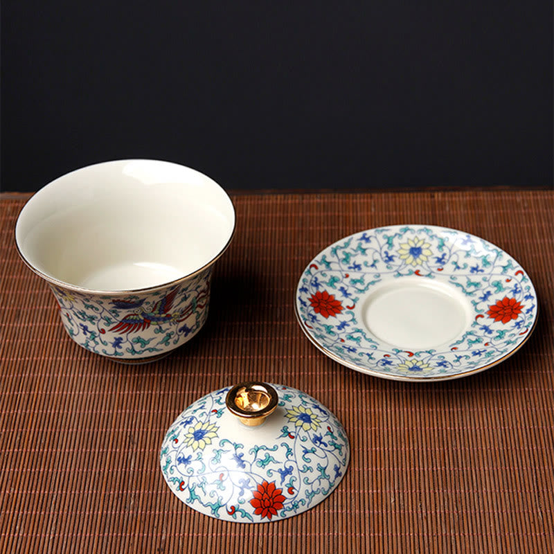 Buddha Stonesレトロ梅花松竹鳳凰麒麟陶器蓋碗三彩ティーカップカンフーティーカップ＆ソーサー蓋付き