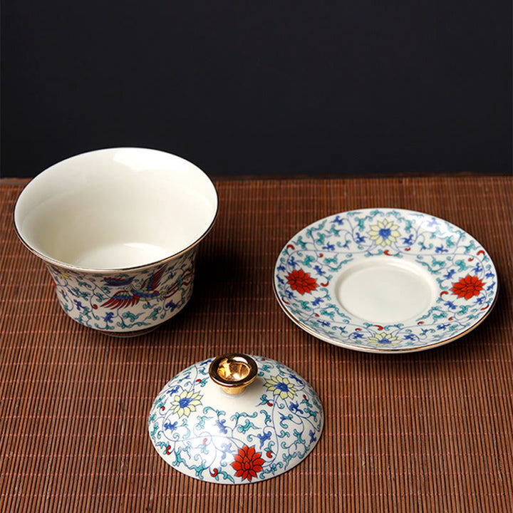 Buddha Stonesレトロ梅花松竹鳳凰麒麟陶器蓋碗三彩ティーカップカンフーティーカップ＆ソーサー蓋付き