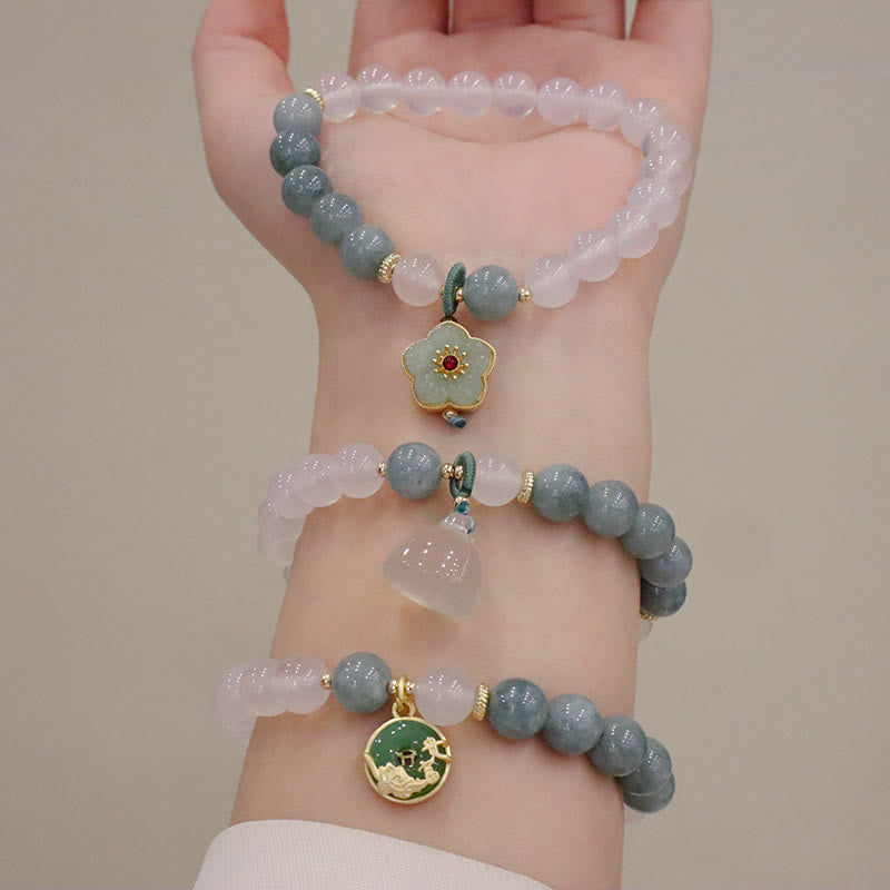 Buddha Stones白瑪瑙 翡翠 蓮の花 平和バックル 守護ブレスレット