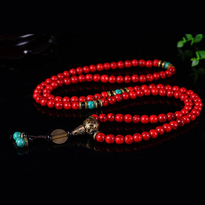 Buddha Stones チベットMala レッドターコイズの幸運 ネックレス＆ブレスレット