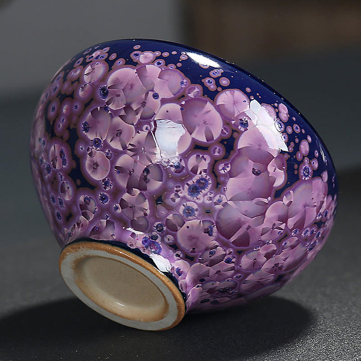 Buddha Stones、カラフルなアイリスの花、中国建展窯変磁器ティーカップ、天目カンフーティーカップ