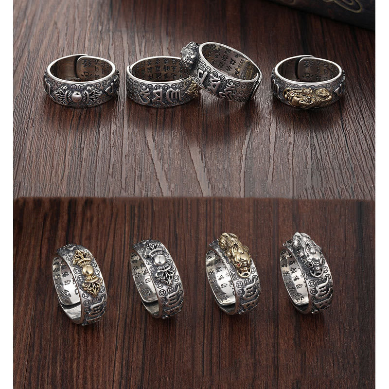 Buddha Stonesチベット 990 スターリングシルバーオーム・マニ・パドメ・フムドルジェ ヴァジュラ 般若心経 彫刻 富の指輪