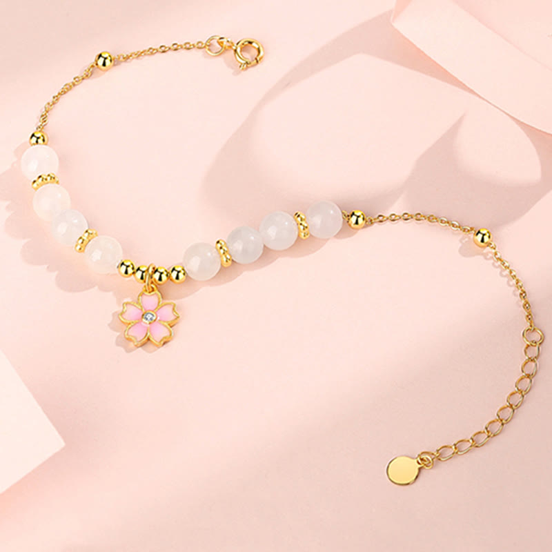 Buddha Stones 925スターリングシルバー 和田産白翡翠 桜守護ブレスレット