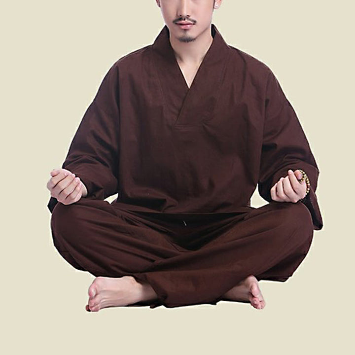 Buddha Stones瞑想祈りVネックデザインコットンリネンスピリチュアル禅練習ヨガウェアメンズセット - image 1