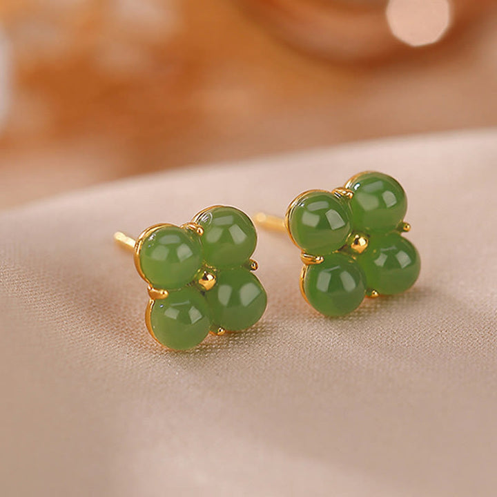 Buddha Stones 925スターリングシルバー ゴールドメッキ 天然シアン翡翠 四つ葉のクローバー 幸運のスタッドピアス