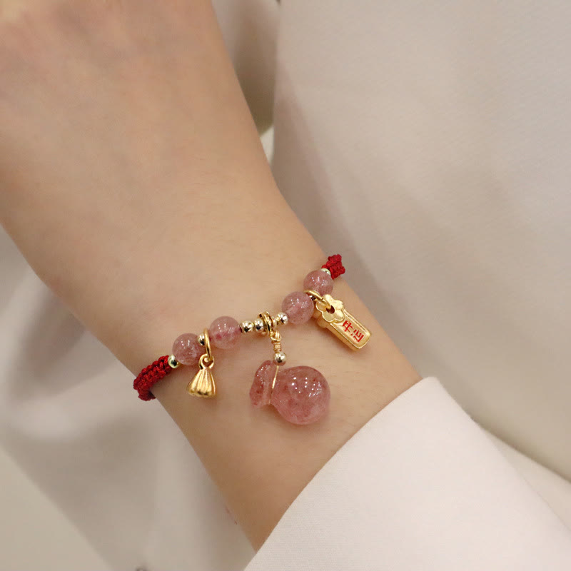 Buddha Stones天然ストロベリークォーツ マネーバッグ ロータス ヒーリングチャーム赤紐編み込みブレスレット