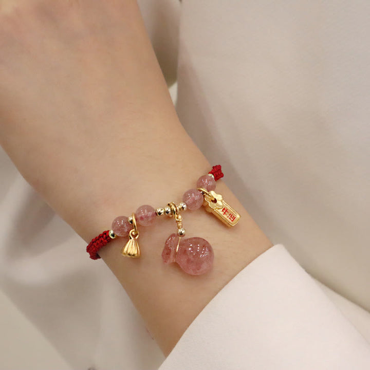 Buddha Stones天然ストロベリークォーツ マネーバッグ ロータス ヒーリングチャーム赤紐編み込みブレスレット
