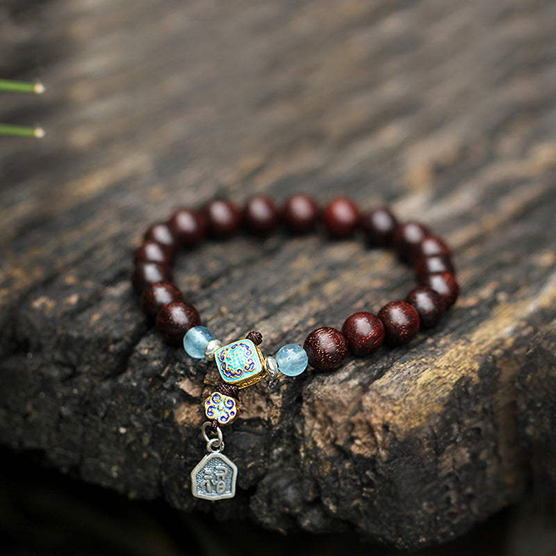 Buddha Stones925 スターリングシルバー インド産小葉 レッドサンダルウッド アクアマリン ゴールドスター 中国結び 祝福ブレスレット