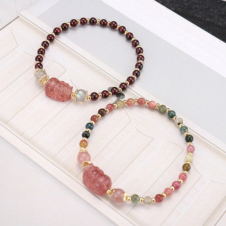 Buddha Stones天然トルマリンガーネット ストロベリークォーツ 貔貅ムーンストーン守護ブレスレット