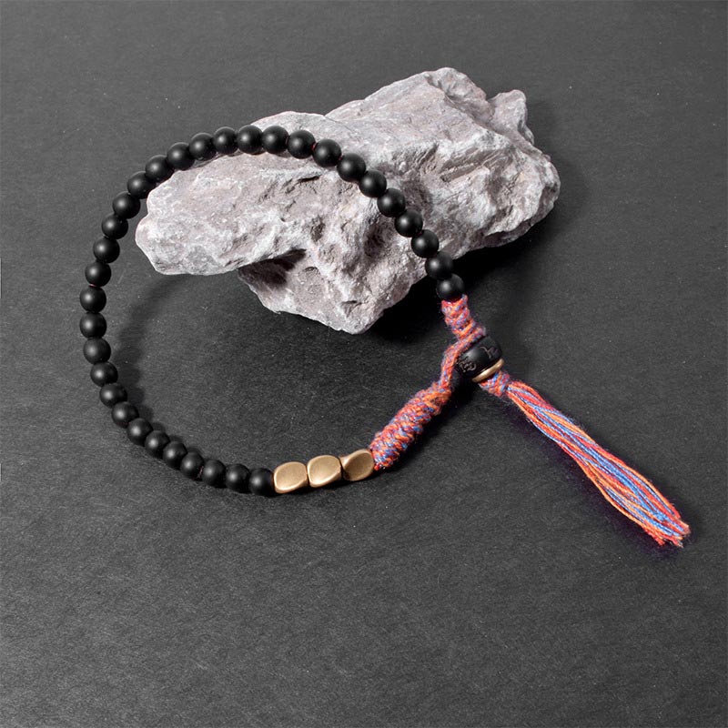 Buddha Stonesハンドメイドチベットブラックオニキスタッセルブレスレット