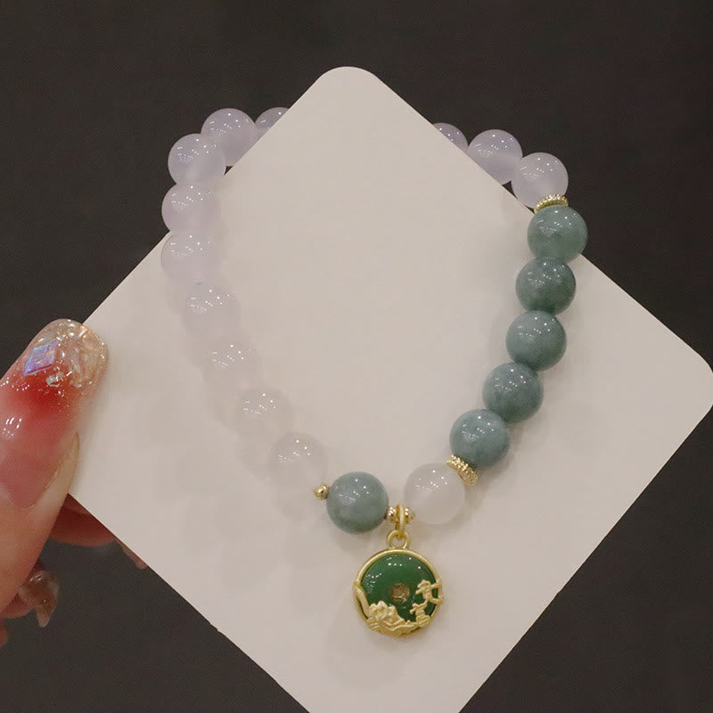 Buddha Stones白瑪瑙 翡翠 蓮の花 平和バックル 守護ブレスレット