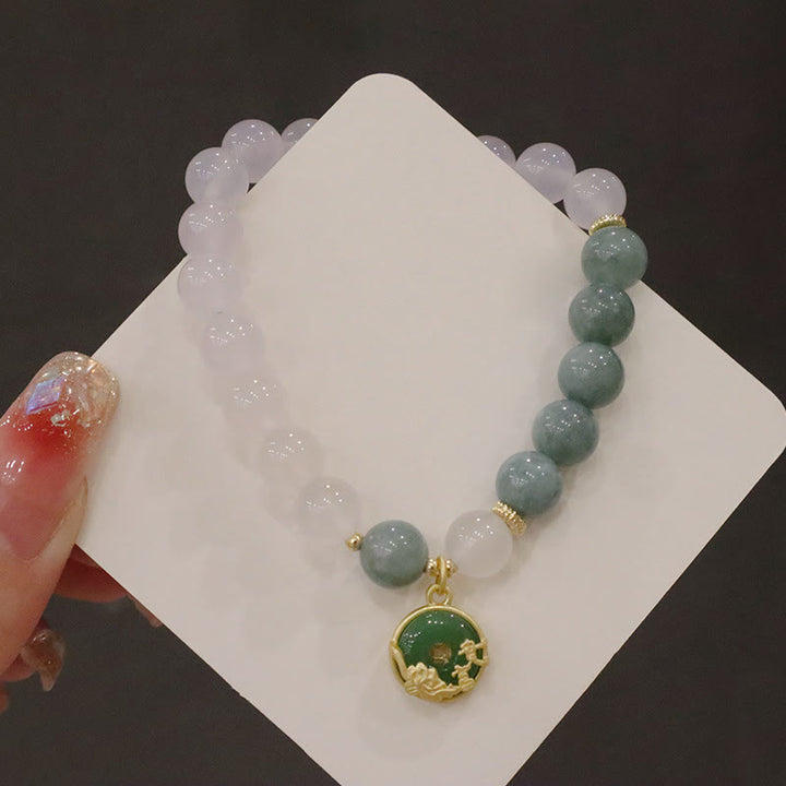 Buddha Stones白瑪瑙 翡翠 蓮の花 平和バックル 守護ブレスレット