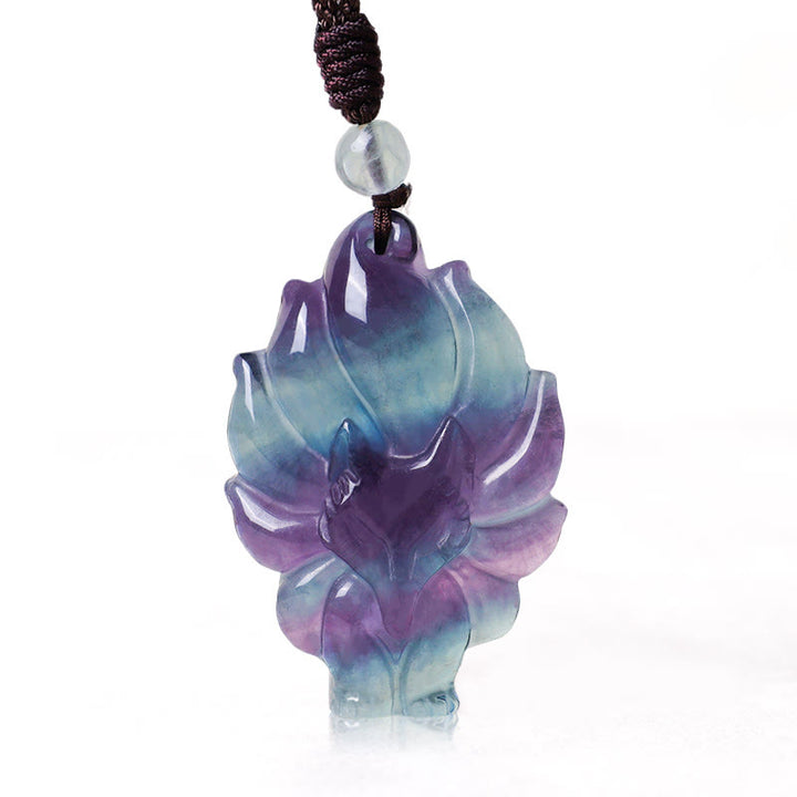 Buddha Stones天然蛍石ゴールド光沢黒曜石フォックスペンダント保護ネックレス - 蛍石九尾狐 - image 0
