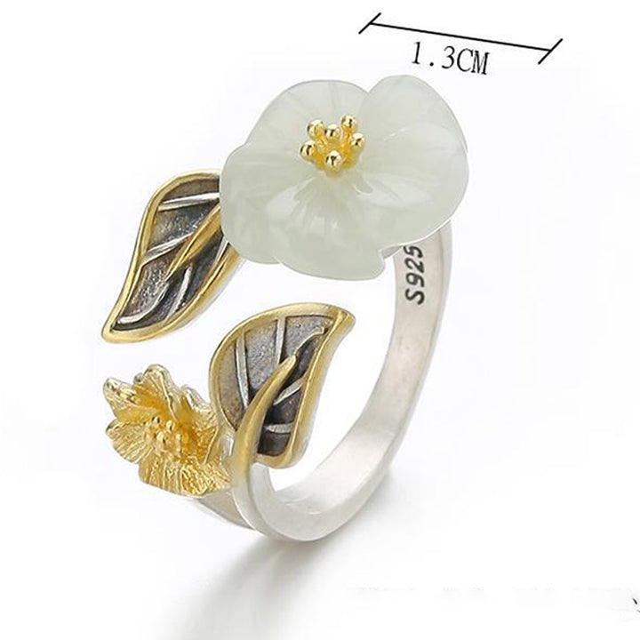 Buddha Stones925シルバーメッキ銅白翡翠梅花葉幸運リング