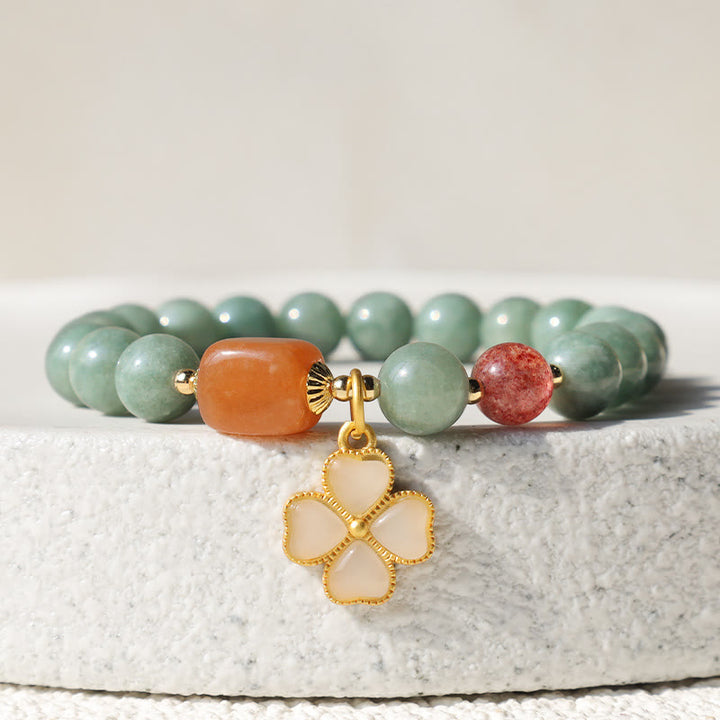 Buddha Stones翡翠四つ葉のクローバーチャーム繁栄ブレスレット