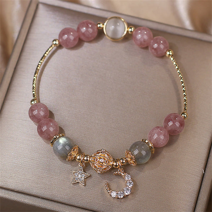 Buddha Stones ストロベリークォーツ＆ムーンストーン 月と星モチーフのラブブレスレット - image 6