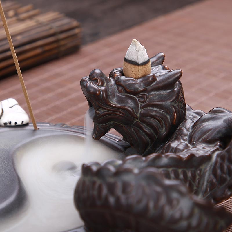 Buddha Stones虎龍 逆流煙噴水 陶器 陰陽 祝福 香炉 装飾
