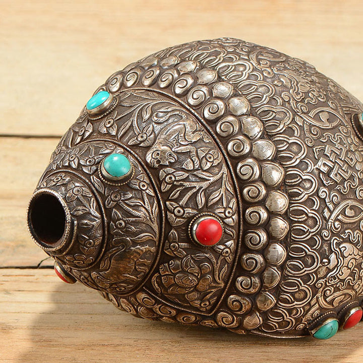 Buddha Stonesチベット 手作り 天然 シャンカ 彫刻 8つの縁起の良いシンボル ほら貝 幸運のホームデコレーション