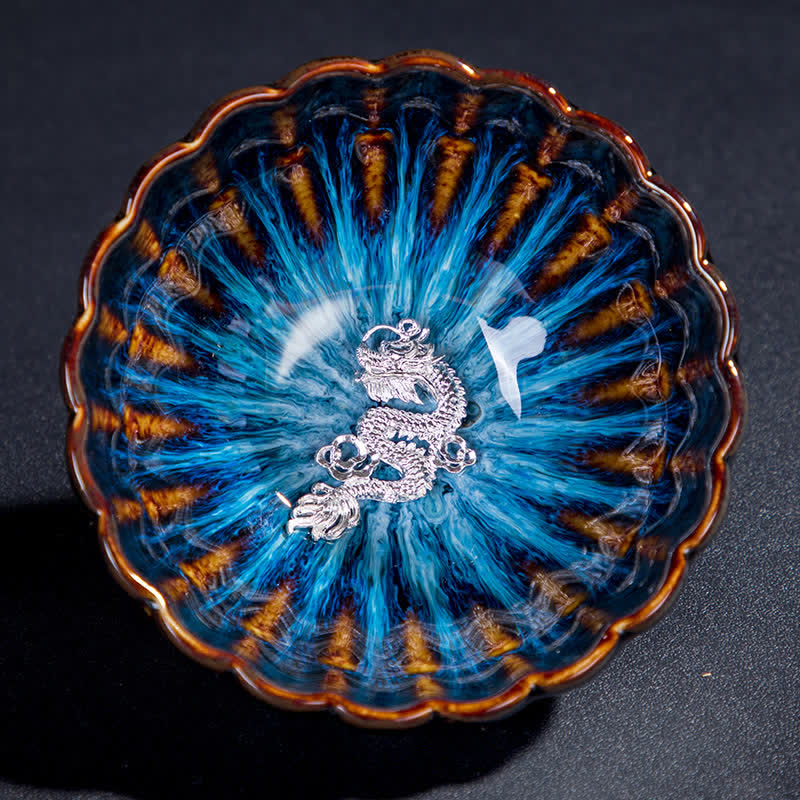 Buddha Stones蓮 金魚 縁起の良い龍 鳳凰 陶器 ティーカップ 象嵌 ティーカップ 130ml