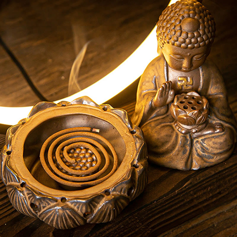 Buddha Stones仏陀 蓮 逆流 煙噴水 陶器 祝福 香炉 ライト装飾付き