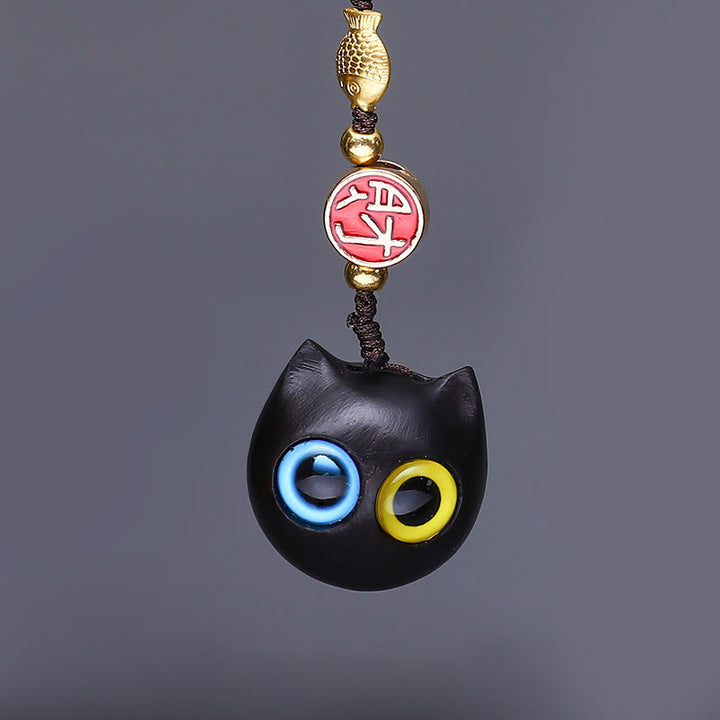 Buddha Stones緑 白檀 ミニ かわいい 動物 ウサギ 猫 鹿 クジラ 繁栄 携帯電話 吊り下げ 飾り - 赤いサンダルウッドの青い黄色い目の猫 - image 5